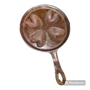 FRENCH CAST IRON BRONZE HEART SHAPED MUFFIN PAN "COUER DE FER" SKILLET PATINA